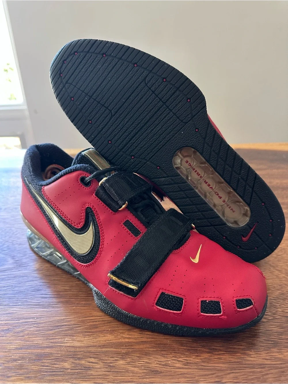 Size 10- NIKE Men’s Romaleos 2 Weightlifting Shoes Black Red Gold 476927-670